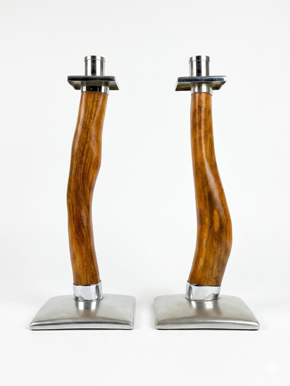 Vintage MCM Teak & Metal Taper Candle Holders - Set of 2 - Modernist S-Curve